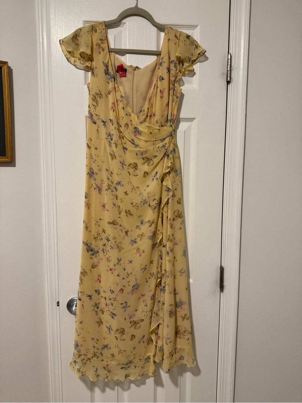 Vintage Silk Butter Yellow Floral Wrap Midi Dress - 6 petite